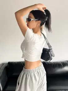 DAZY Đã vá Túi Ren Mộc nhĩ Áo phông Crop - trắng - Xem 7