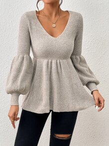 SHEIN Frenchy Lantern Sleeve Peplum Jumper - Apricot - View 3