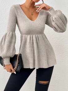 SHEIN Frenchy Lantern Sleeve Peplum Jumper - Apricot - View 4