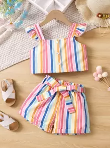 SHEIN Young Girl Multicolor Striped Lovely Vacation Style Set Of 2 Thick Shoulder Straps (top And Shorts) For Summer - Multicolor - View 1