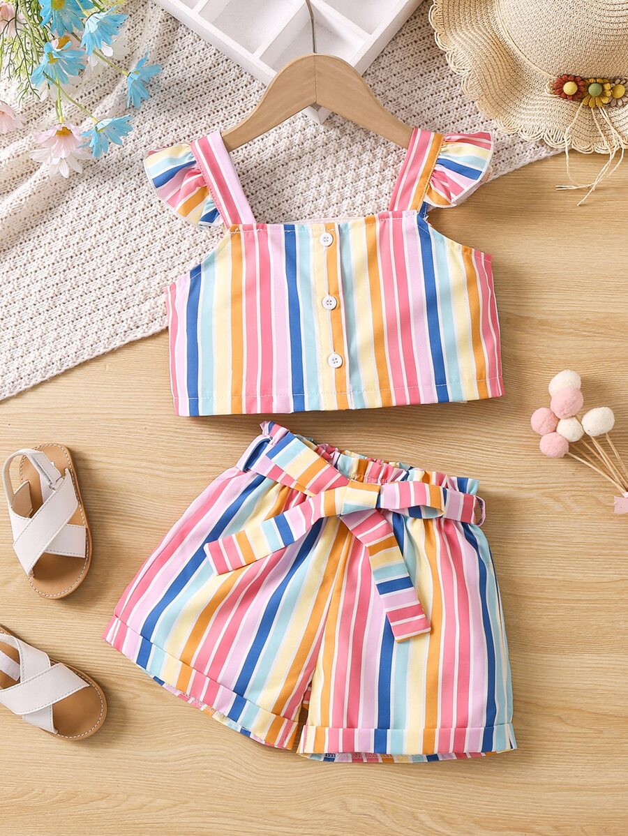 SHEIN Young Girl Multicolor Striped Lovely Vacation Style Set Of 2 Thick Shoulder Straps (top And Shorts) For Summer - Multicolor - View 1