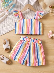 SHEIN Young Girl Multicolor Striped Lovely Vacation Style Set Of 2 Thick Shoulder Straps (top And Shorts) For Summer - Multicolor - View 2