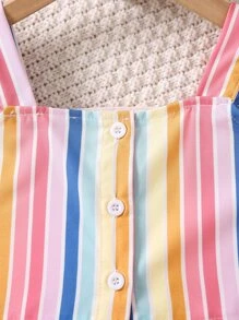 SHEIN Young Girl Multicolor Striped Lovely Vacation Style Set Of 2 Thick Shoulder Straps (top And Shorts) For Summer - Multicolor - View 3