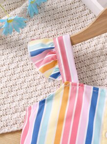 SHEIN Young Girl Multicolor Striped Lovely Vacation Style Set Of 2 Thick Shoulder Straps (top And Shorts) For Summer - Multicolor - View 4