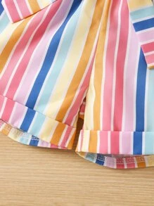 SHEIN Young Girl Multicolor Striped Lovely Vacation Style Set Of 2 Thick Shoulder Straps (top And Shorts) For Summer - Multicolor - View 5