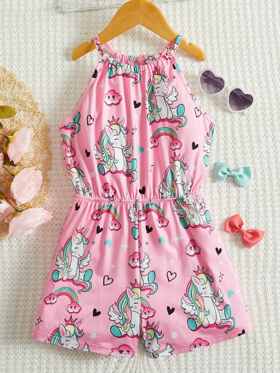 SHEIN Girls Unicorn & Heart Print Halter Neck Romper - Multicolor - View 1