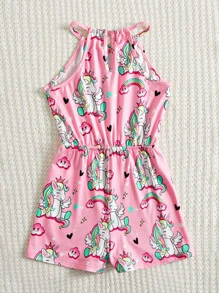 SHEIN Girls Unicorn & Heart Print Halter Neck Romper - Multicolor - View 2