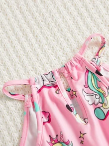 SHEIN Girls Unicorn & Heart Print Halter Neck Romper - Multicolor - View 4