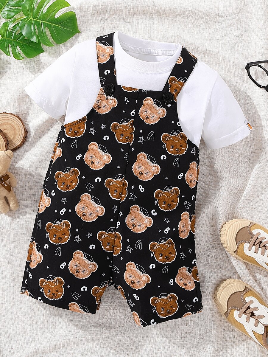 SHEIN 小男童滿版小熊印花背帶連體短褲不帶T恤 - 黑色 - 查看 1