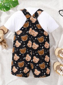 SHEIN 小男童滿版小熊印花背帶連體短褲不帶T恤 - 黑色 - 查看 2