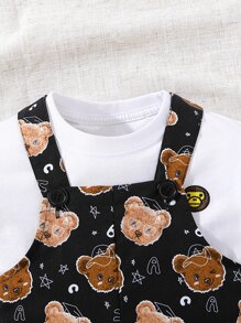 SHEIN 小男童滿版小熊印花背帶連體短褲不帶T恤 - 黑色 - 查看 4
