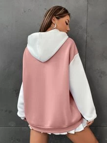 SHEIN Unity 字母圖案撞色落肩袖抽繩保暖連帽衫 - 粉色 - 查看 2