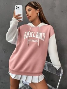 SHEIN Unity 字母圖案撞色落肩袖抽繩保暖連帽衫 - 粉色 - 查看 3
