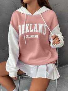 SHEIN Unity 字母圖案撞色落肩袖抽繩保暖連帽衫 - 粉色 - 查看 4