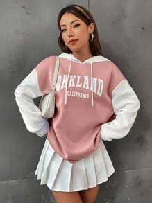 SHEIN Unity 字母圖案撞色落肩袖抽繩保暖連帽衫 - 粉色 - 查看 5