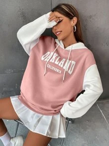SHEIN Unity 字母圖案撞色落肩袖抽繩保暖連帽衫 - 粉色 - 查看 6