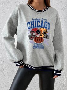 SHEIN Unity American Football And Letter Graphic Drop Shoulder Sweatshirt - Light Grey - View 4