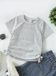 SHEIN 小女童字母圖案側抽繩T恤 - 淺灰色 - 查看 1