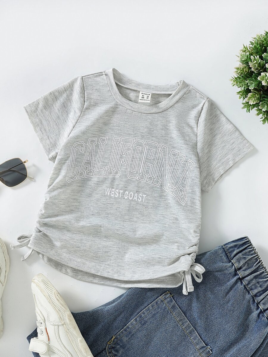 SHEIN 小女童字母圖案側抽繩T恤 - 淺灰色 - 查看 1