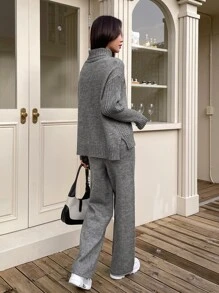 DAZY Turtleneck Drop Shoulder Sweater & Knit Pants - Grey - View 2