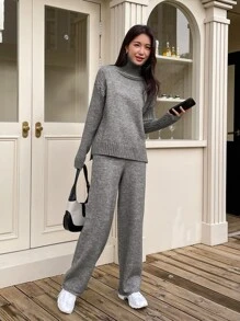DAZY Turtleneck Drop Shoulder Sweater & Knit Pants - Grey - View 3