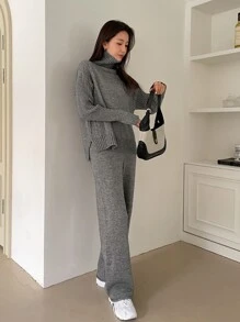 DAZY Turtleneck Drop Shoulder Sweater & Knit Pants - Grey - View 4