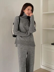 DAZY Turtleneck Drop Shoulder Sweater & Knit Pants - Grey - View 6