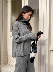 DAZY Turtleneck Drop Shoulder Sweater & Knit Pants - Grey - View 7