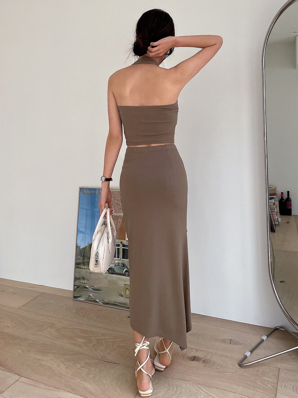 Solid Cami Halter Top & Split Thigh Skirt
