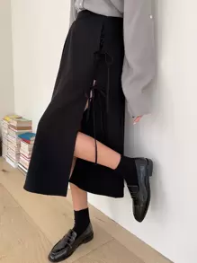 DAZY 高腰打结侧开衩大腿半身裙 秋冬款 - 黑色 - 查看 1