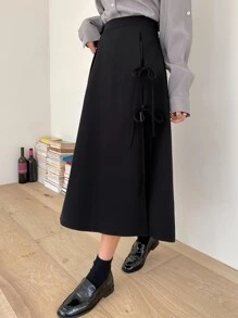 DAZY 高腰打结侧开衩大腿半身裙 秋冬款 - 黑色 - 查看 3