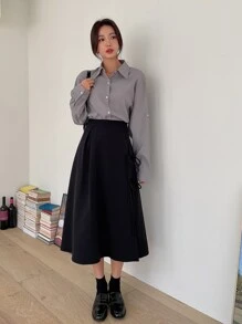 DAZY 高腰打结侧开衩大腿半身裙 秋冬款 - 黑色 - 查看 5