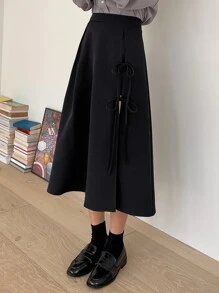 DAZY 高腰打结侧开衩大腿半身裙 秋冬款 - 黑色 - 查看 6