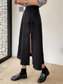 DAZY 高腰打结侧开衩大腿半身裙 秋冬款 - 黑色 - 查看 7