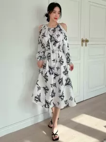 DAZY 风景印花露肩灯笼袖系带连衣裙太阳裙，休闲女装，秋装 - 黑與白 - 查看 3