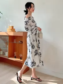 DAZY 风景印花露肩灯笼袖系带连衣裙太阳裙，休闲女装，秋装 - 黑與白 - 查看 5