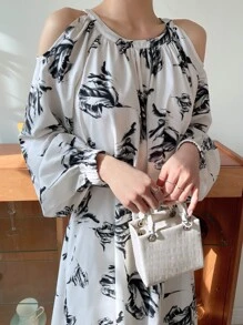 DAZY 风景印花露肩灯笼袖系带连衣裙太阳裙，休闲女装，秋装 - 黑與白 - 查看 6