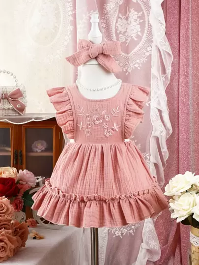 嬰兒花卉刺繡荷葉邊背帶裙帶配件髮箍