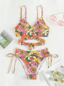 Swim Mod Summer Beach Floral Print Wrap Bikini Set - Multicolor - View 3