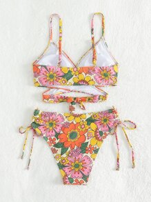 Swim Mod Summer Beach Floral Print Wrap Bikini Set - Multicolor - View 5