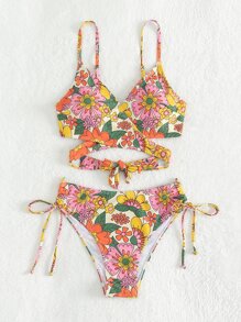 Swim Mod Summer Beach Floral Print Wrap Bikini Set - Multicolor - View 4
