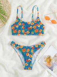 Swim Mod Summer Beach Floral Print Smocked Bikini Set - Multicolor - View 3