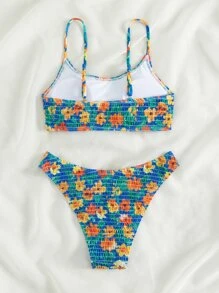 Swim Mod Summer Beach Floral Print Smocked Bikini Set - Multicolor - View 4