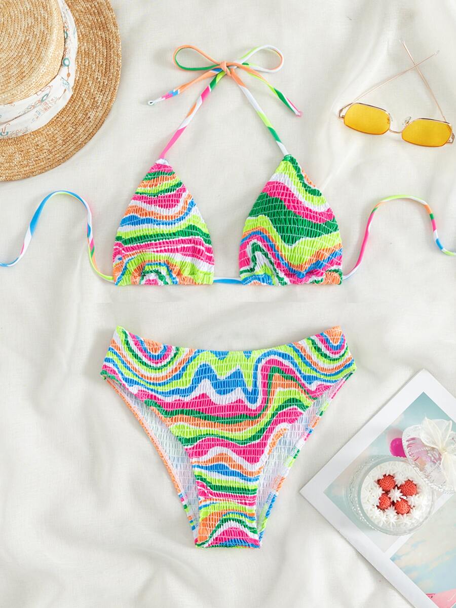 SHEIN Swim Summer Beach Wave Print Halter Triangle Bikini Set - Multicolor - View 1