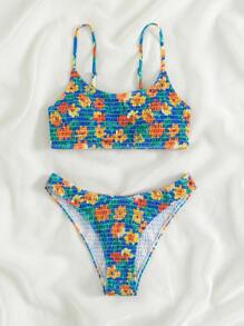 Swim Mod Summer Beach Floral Print Smocked Bikini Set - Multicolor - View 5