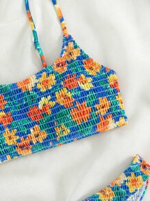 Swim Mod Summer Beach Floral Print Smocked Bikini Set - Multicolor - View 6