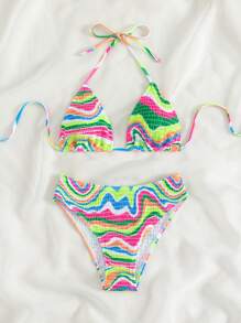 SHEIN Swim Summer Beach Wave Print Halter Triangle Bikini Set - Multicolor - View 5