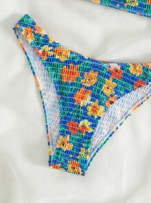 Swim Mod Summer Beach Floral Print Smocked Bikini Set - Multicolor - View 7