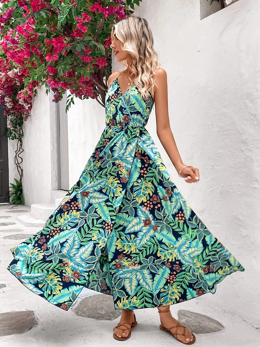 SHEIN VCAY Floral & Tropical Print Backless Cami Dress - Multicolor - View 1