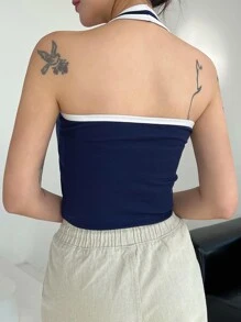 DAZY Đồ họa Chữ cái Tương phản ràng buộc Áo hai dây - Màu xanh hải quân - Xem 2